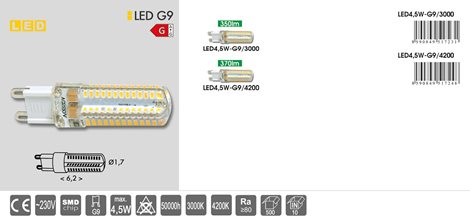 LED4,5W-G9/3000 LED žárovka G9 4,5W 350lm 3000K 104xSMD3014 3