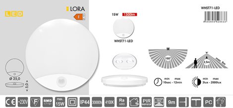 WHST71-LED LED svítidlo nástěnné stropní 15W 1300lm 4100K IP44 PIR senz. 5