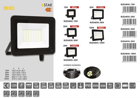 RLED48WL-20W LED reflektor 20W 1600lm 5000K 28xSMD IP65 3