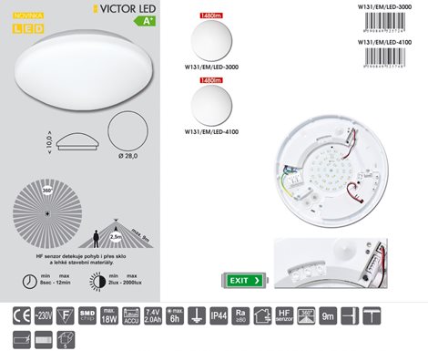W131/EM/LED-4100 LED svítidlo nástěnné stropní 18W 1480lm 4100K IP44 vč. nouz. HF360senz. 5