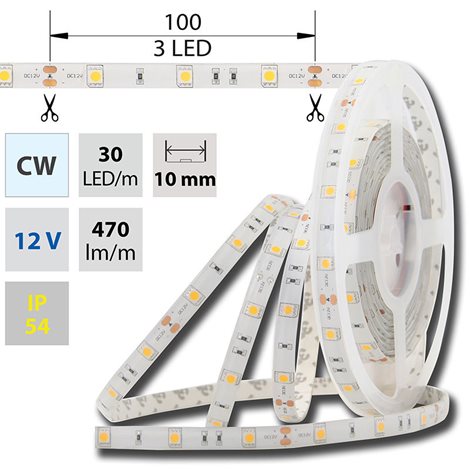 ML-121.585.60.0 LED pásek SMD5050 CW, 30LED/m, 7,2W/m, 470lm/m, IP54, DC 12V, 10mm, 5m