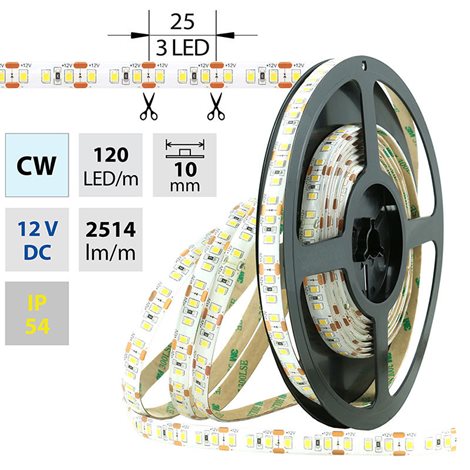 ML-121.714.60.0 LED pásek SMD2835 CW, 120LED/m, 28,8W/m, 2514lm/m, IP54, DC 12V, 10mm, 5m