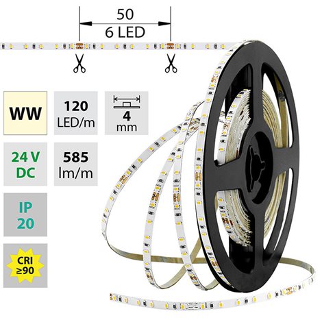 ML-126.730.60.7 LED pásek SMD2216 WW, 120LED/m, 7,2W/m, DC 24V, 585lm/m, CRI90, IP20, 4mm, 10m