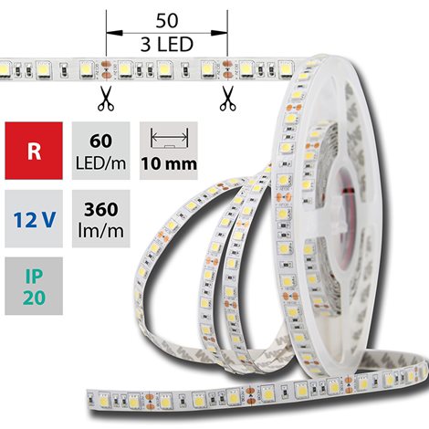 ML-121.595.60.0 LED pásek SMD5050 R, 60LED/m, 14,4W/m, DC 12V, 360lm/m, IP20, 10mm, 5m
