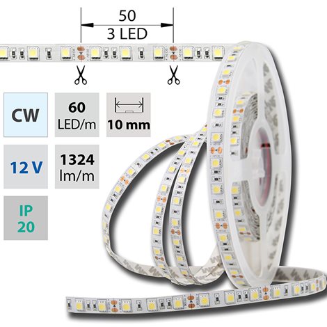 ML-121.599.60.2 LED pásek SMD5050 CW, 60LED/m, 14,4W/m, DC 12V, 1515lm/m, IP20, 10mm, 50m 1