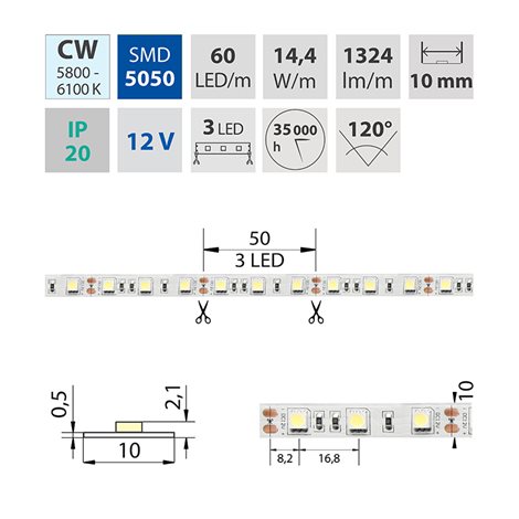 ML-121.599.60.2 LED pásek SMD5050 CW, 60LED/m, 14,4W/m, DC 12V, 1515lm/m, IP20, 10mm, 50m 4
