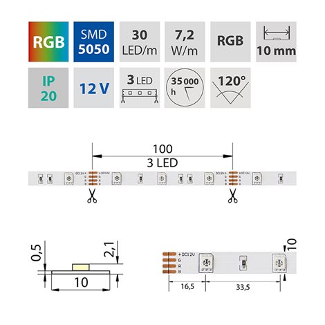 ML-123.580.60.0 LED pásek SMD5050 RGB, 30LED/m, 7,2W/m, DC12V, 280lm/m, IP20, 10mm, 5m 4