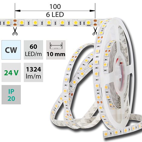 ML-126.599.60.2 LED pásek SMD5050 CW, 60LED/m, 14,4W/m, DC 24V, 1515lm/m, IP20, 10mm, 50m