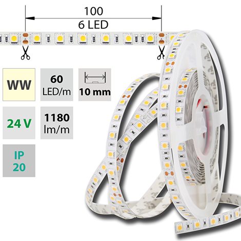 ML-126.600.60.2 LED pásek SMD5050 WW, 60LED/m, 14,4W/m, DC 24V, 1152lm/m, IP20, 10mm, 50m