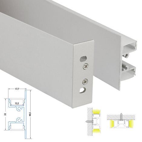 ML-761.021.43.2 Nástěnný hliníkový profil NS, 18x49 mm, včetně čirého difuzoru, 2 m 5