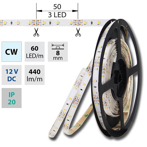 ML-121.206.60.2 LED pásek SMD3528 studeně bílý, 60LED/m, IP20, DC 12V, 8mm, 50m