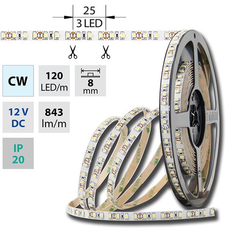 ML-121.230.60.2 LED pásek SMD3528 studeně bílý, 120LED/m, IP20, DC 12V, 8mm, 50m