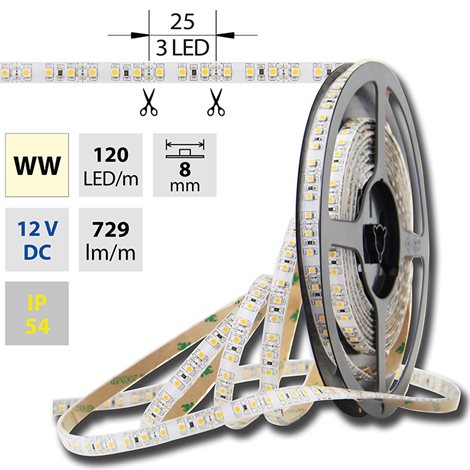 ML-121.237.60.0 LED pásek SMD3528 teple bílý, 120LED/m, IP54, DC 12V, 8mm, 5m