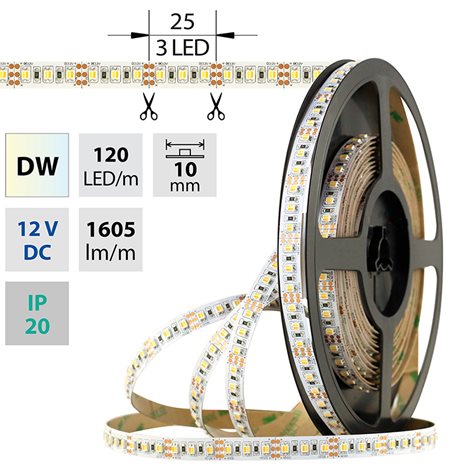 ML-122.632.60.0 LED pásek SMD3527 dual white WW-CW, 120LED/m, 19,2W/m, 1605lm/m, IP20, DC 12V, 5m