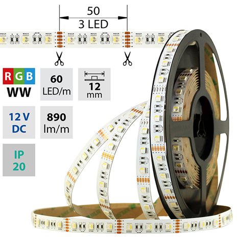 ML-123.633.60.0 LED pásek SMD5050 RGB + WW, 60LED/m, 19,2W/m, 890lm/m, IP20, DC 12V, 12mm,