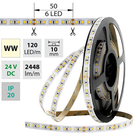 ML-126.703.60.0 LED pásek SMD2835 WW, 120LED/m, 28,8W/m, 2448lm/m, IP20, DC 24V, 10mm, 5m