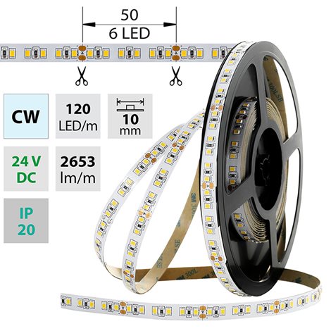 ML-126.705.60.2 LED pásek SMD2835 CW, 120LED/m, 28,8W/m, 2730lm/m, IP20, DC 24V, 10mm, 50m