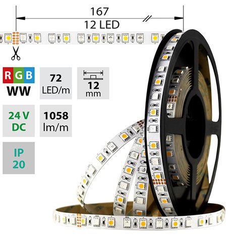 ML-128.633.60.0 LED pásek SMD5050 RGB+WW, 72LED/m, 17,2W/m, 1058lm/m, IP20, DC 24V, 12mm, 5m