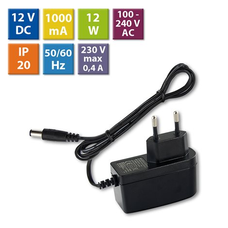 ML-732.062.11.0 Napájecí adaptér 12W, DC12V/1A, IP20, černý plast, s vidlicí 1