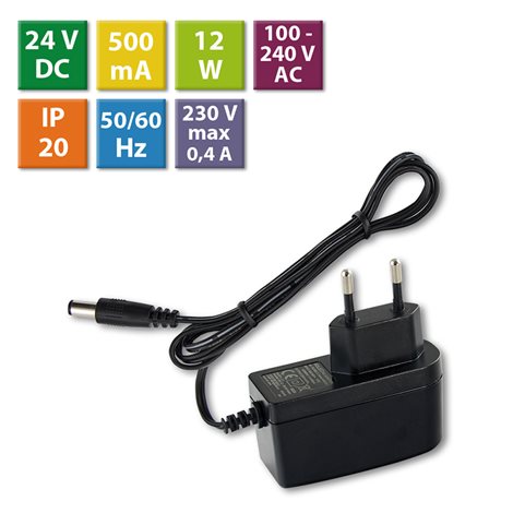 ML-732.062.11.1 Napájecí adaptér 12W, DC24V/0,5A, IP20, černý plast, s vidlicí 1