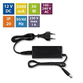 ML-732.064.11.0 Napájecí adaptér 36W, DC12V/3A, IP20, černý plast, s vidlicí