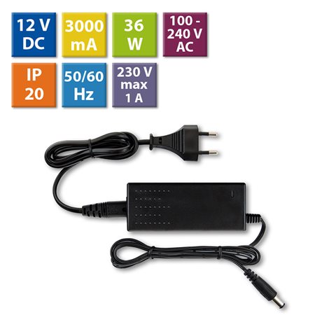 ML-732.064.11.0 Napájecí adaptér 36W, DC12V/3A, IP20, černý plast, s vidlicí 1