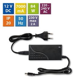 ML-732.067.11.0 Napájecí adaptér 84W, DC12V/7A, IP20, černý plast, s vidlicí