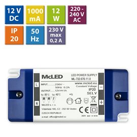 ML-732.070.11.0 Napájecí zdroj 12W, DC12V/1A, IP20, plastové provedení se svorkovnicí