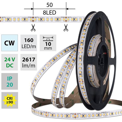 ML-126.886.60.0 LED pásek SMD2835 CW, 160LED/m, 19,2W/m, DC 24V, 2617lm/m, CRI90, IP20, 10mm, 5m