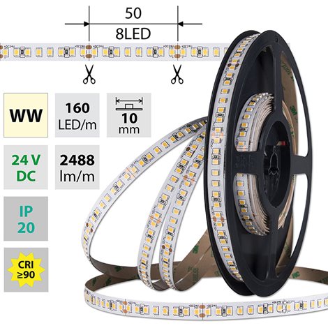 ML-126.888.60.0 LED pásek SMD2835 WW, 160LED/m, 19,2W/m, DC 24V, 2488lm/m, CRI90, IP20, 10mm, 5m