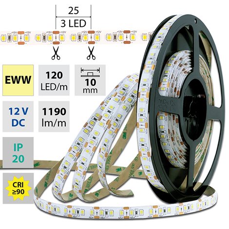 ML-121.367.60.2 LED pásek SMD2835 WW, 120LED/m, 14W/m, 1190lm/m, IP20, DC 12V, 10mm, 50m