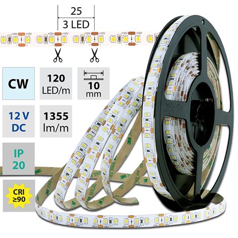 ML-121.368.60.2 LED pásek SMD2835 CW, 120LED/m, 14W/m, 1550lm/m, IP20, DC 12V, 10mm, 50m