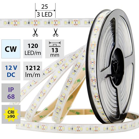 ML-121.370.60.0 LED pásek SMD2835 CW, 120LED/m, 14W/m, 1212lm/m, IP68, DC 12V, 13mm, 5m