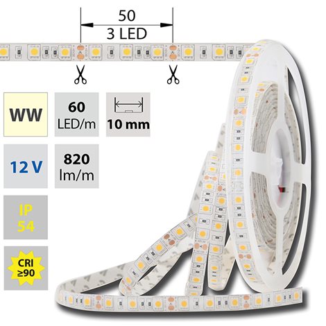 ML-121.607.60.0 LED pásek SMD5050 WW, 60LED/m, 14,4W/m, 1036lm/m, IP54, DC 12V, 10mm, 5m