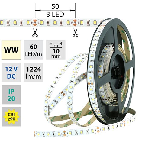 ML-121.700.60.2 LED pásek SMD2835 WW, 60LED/m, 14,4W/m, 1224lm/m, IP20, DC 12V, 10mm, 50m