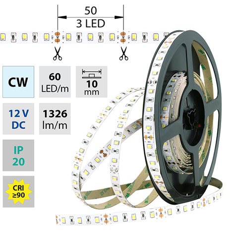 ML-121.702.60.0 LED pásek SMD2835 CW, 60LED/m, 14,4W/m, 1410lm/m, IP20, DC 12V, 10mm, 5m