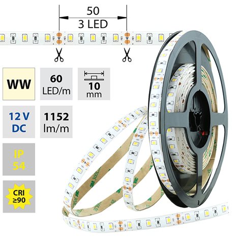 ML-121.709.60.0 LED pásek SMD2835 WW, 60LED/m, 14,4W/m, 1152lm/m, IP54, DC 12V, 10mm, 5m