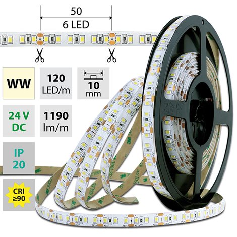 ML-126.367.60.0 LED pásek SMD2835 WW, 120LED/m, 14W/m, 1190lm/m, IP20, DC 24V, 10mm, 5m