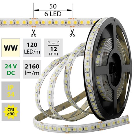 ML-126.680.60.0 LED pásek SMD5050 WW, 120LED/m, 28,8W/m, 2160lm/m, IP54, DC 24V, 12mm, 5m