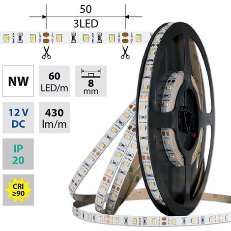 ML-121.830.60.0 LED pásek SMD2835 NW, 60LED/m, 4,8W/m, DC 12V, 430lm/m, CRI90, IP20, 8mm, 5m