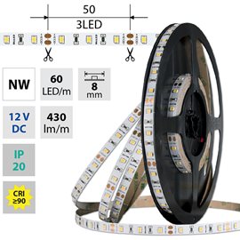 ML-121.830.60.2 LED pásek SMD2835 NW, 60LED/m, 4,8W/m, DC 12V, 430lm/m, CRI90, IP20, 8mm, 50m