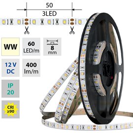 ML-121.831.60.2 LED pásek SMD2835 WW, 60LED/m, 4,8W/m, DC 12V, 400lm/m, CRI90, IP20, 8mm, 50m
