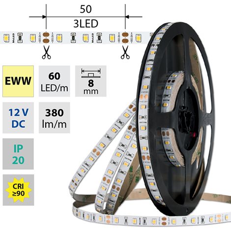 ML-121.832.60.0 LED pásek SMD2835 EWW, 60LED/m, 4,8W/m, DC 12V, 430lm/m, CRI90, IP20, 8mm, 5m