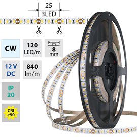 ML-121.838.60.2 LED pásek SMD2835 CW, 120LED/m, 9,6W/m, DC 12V, 840lm/m, CRI90, IP20, 8mm, 50m