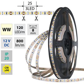 ML-121.840.60.2 LED pásek SMD2835 WW, 120LED/m, 9,6W/m, DC 12V, 900lm/m, CRI90, IP20, 8mm, 50m
