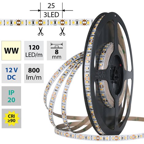 ML-121.840.60.2 LED pásek SMD2835 WW, 120LED/m, 9,6W/m, DC 12V, 900lm/m, CRI90, IP20, 8mm, 50m
