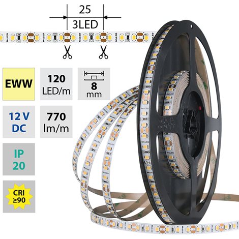 ML-121.841.60.0 LED pásek SMD2835 EWW, 120LED/m, 9,6W/m, DC 12V, 770lm/m, CRI90, IP20, 8mm, 5m
