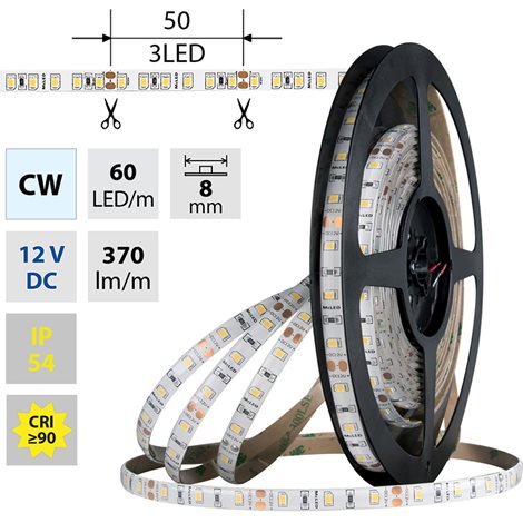 ML-121.843.60.0 LED pásek SMD2835 CW, 60LED/m, 4,8W/m, DC 12V, 370lm/m, CRI90, IP54, 8mm, 5m