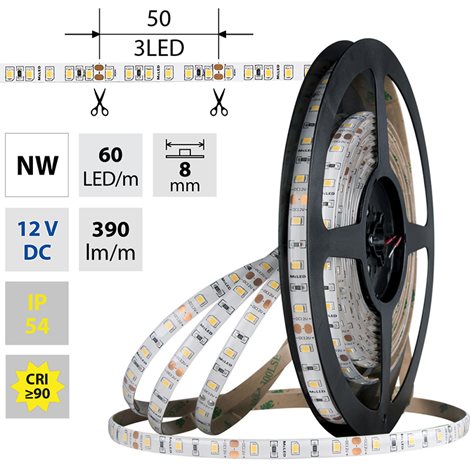 ML-121.844.60.0 LED pásek SMD2835 NW, 60LED/m, 4,8W/m, DC 12V, 430lm/m, CRI90, IP54, 8mm, 5m