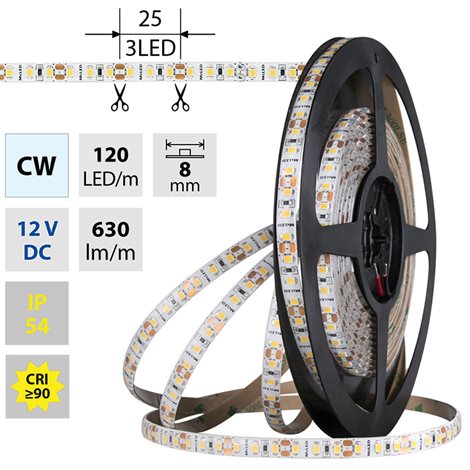 ML-121.852.60.0 LED pásek SMD2835 CW, 120LED/m, 9,6W/m, DC 12V, 630lm/m, CRI90, IP54, 8mm, 5m